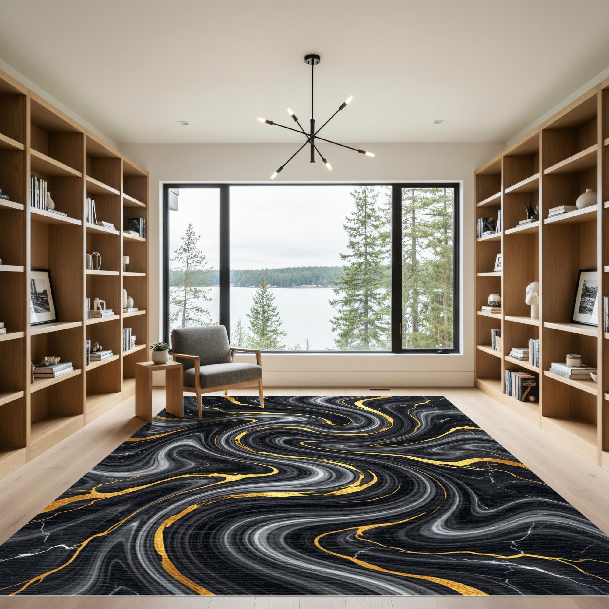 Black and White Liquid Gold Marble Rug