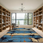 Blue Tan Distressed Wood Splatter Rug