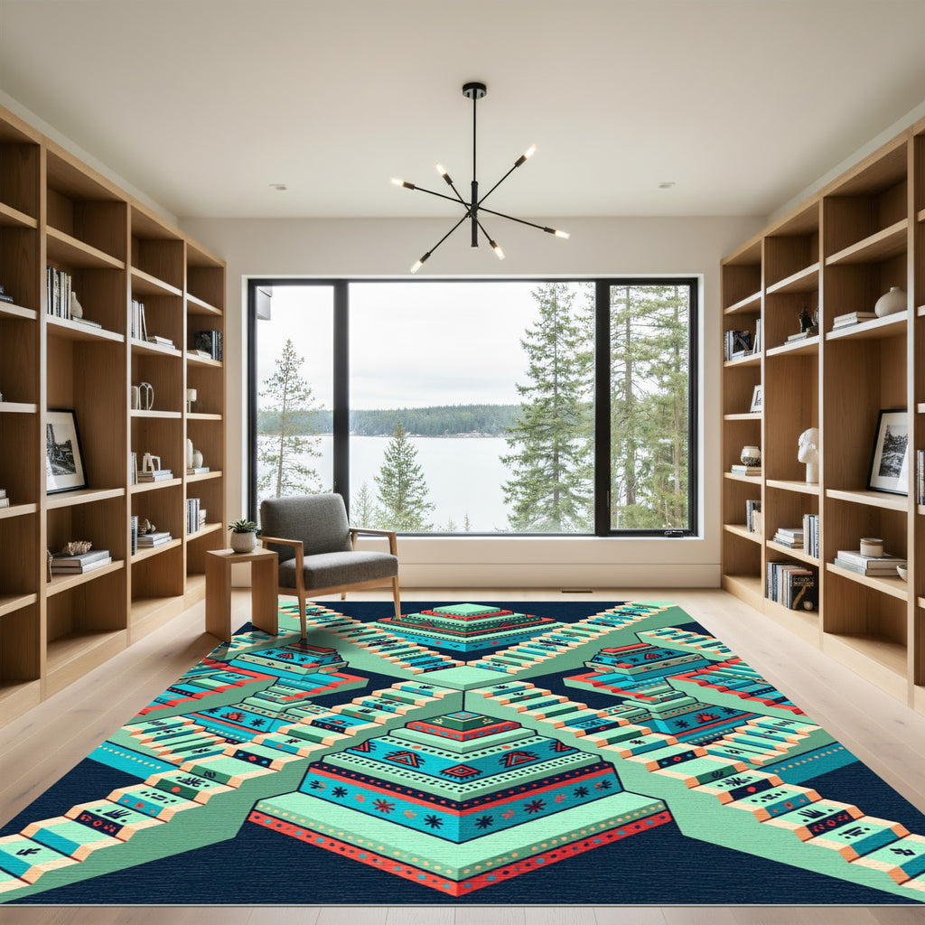 Geometric Terracotta Turquoise Staircase Rug