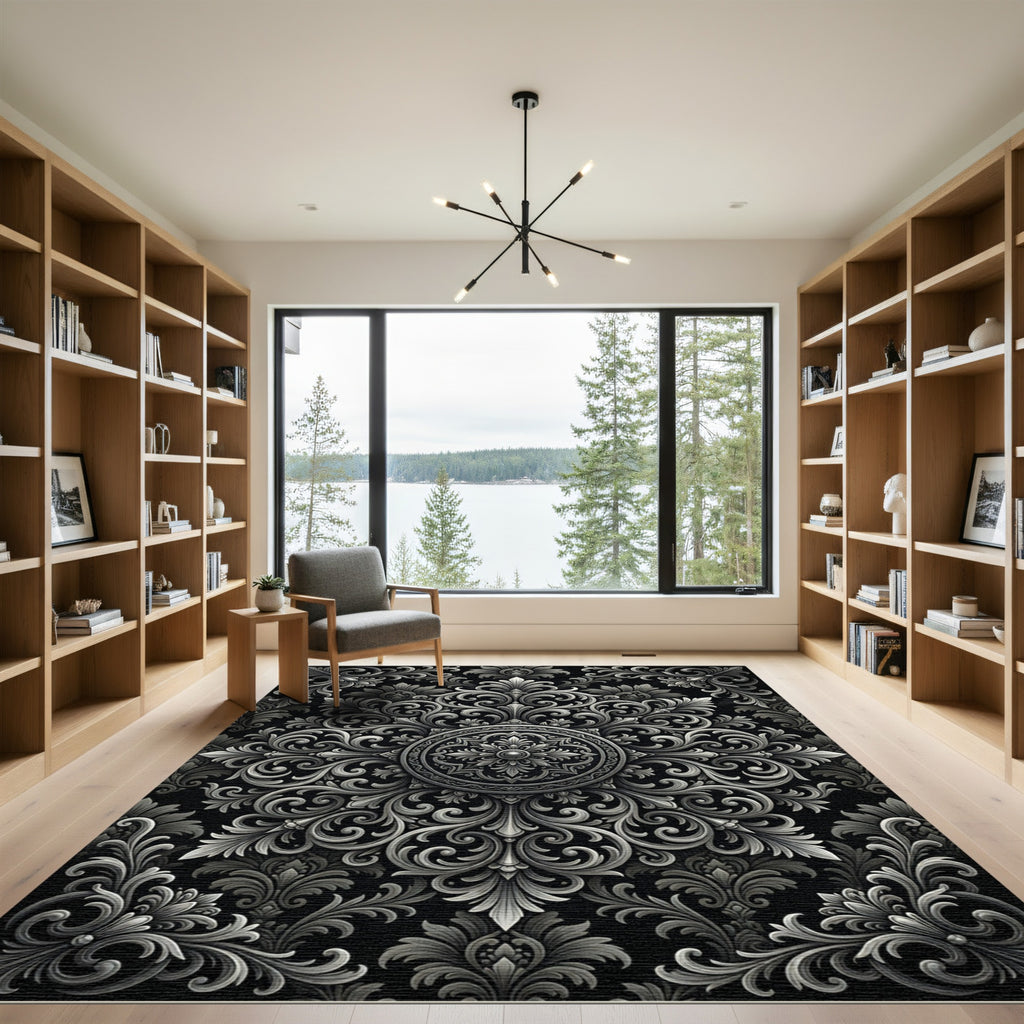 Elegant Monochrome Silver Baroque Medallion Rug