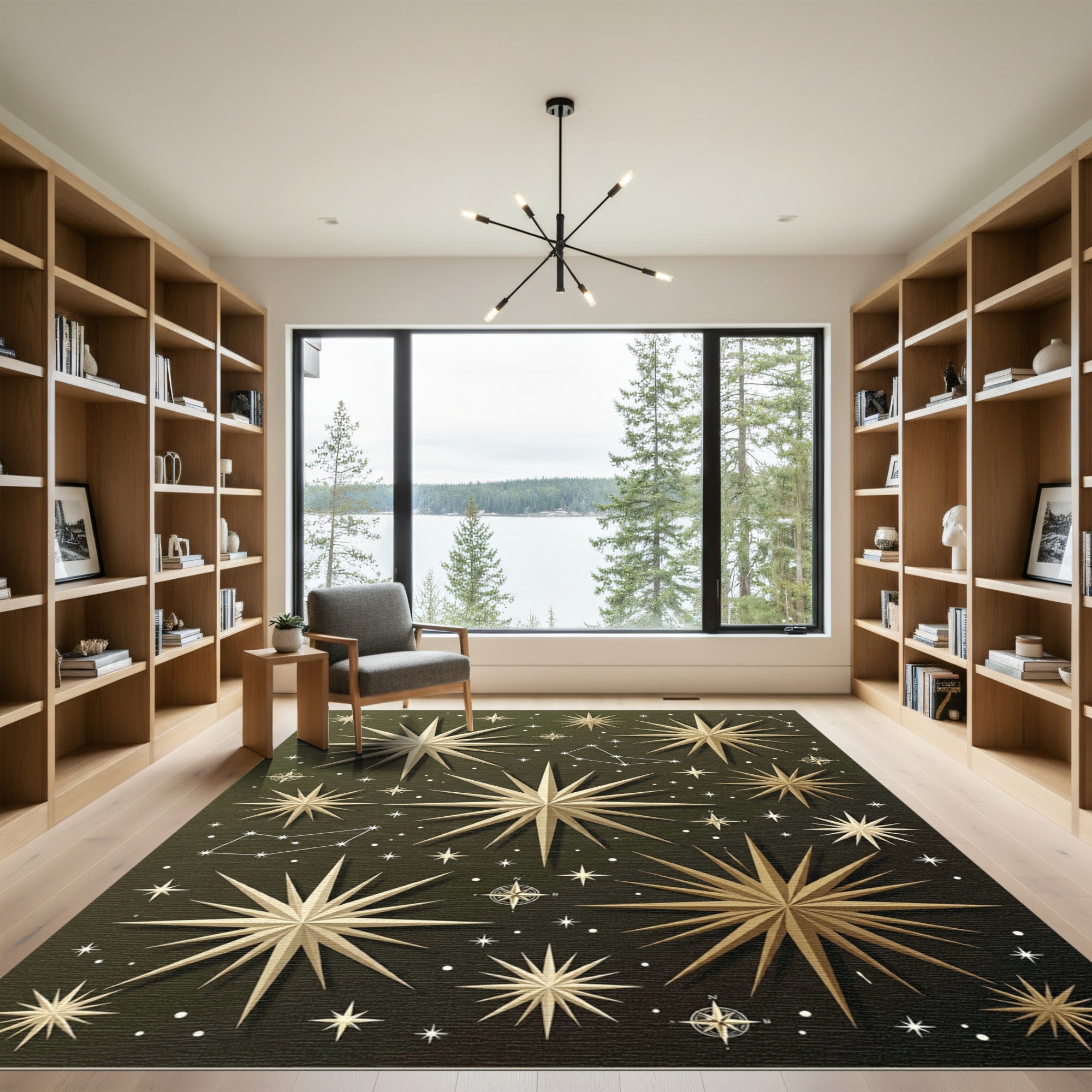 Celestial Gold Compass Starry Night Rug