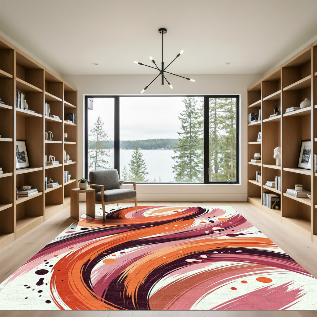Crimson Orange Swirl Abstract Rug
