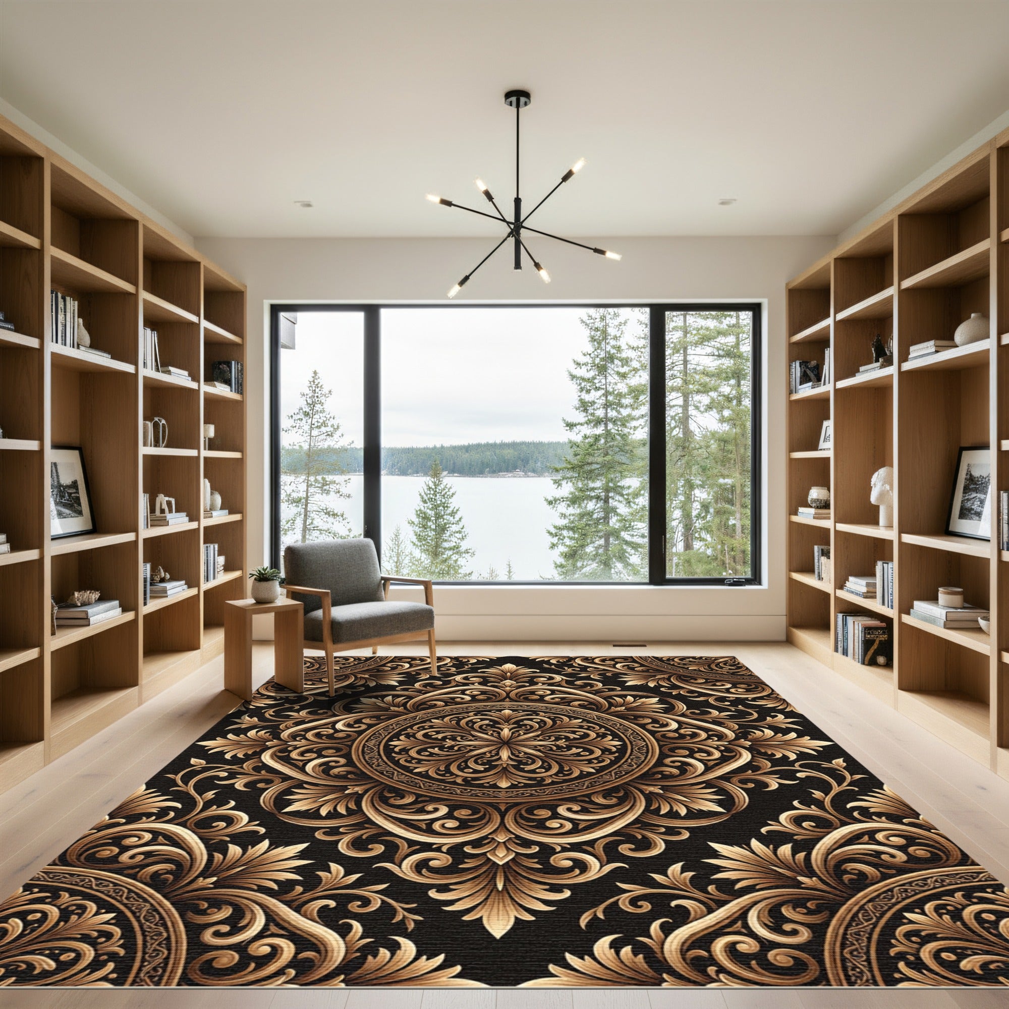 Elegant Gold Flourish Medallion Rug