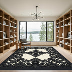 Ornate Black Scrollwork Damask Border Rug