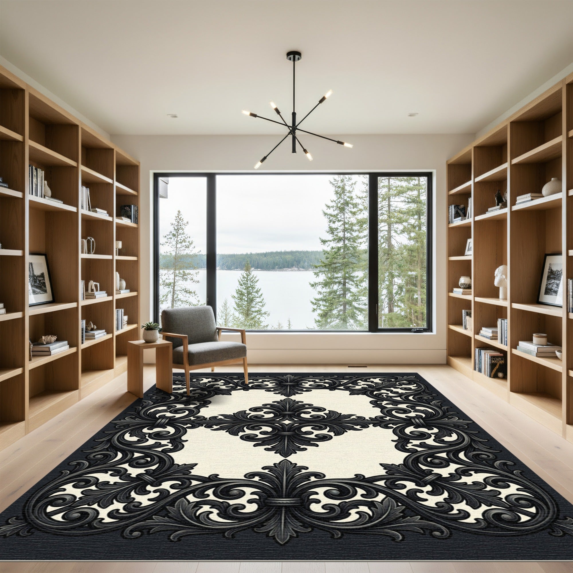 Ornate Black Scrollwork Damask Border Rug