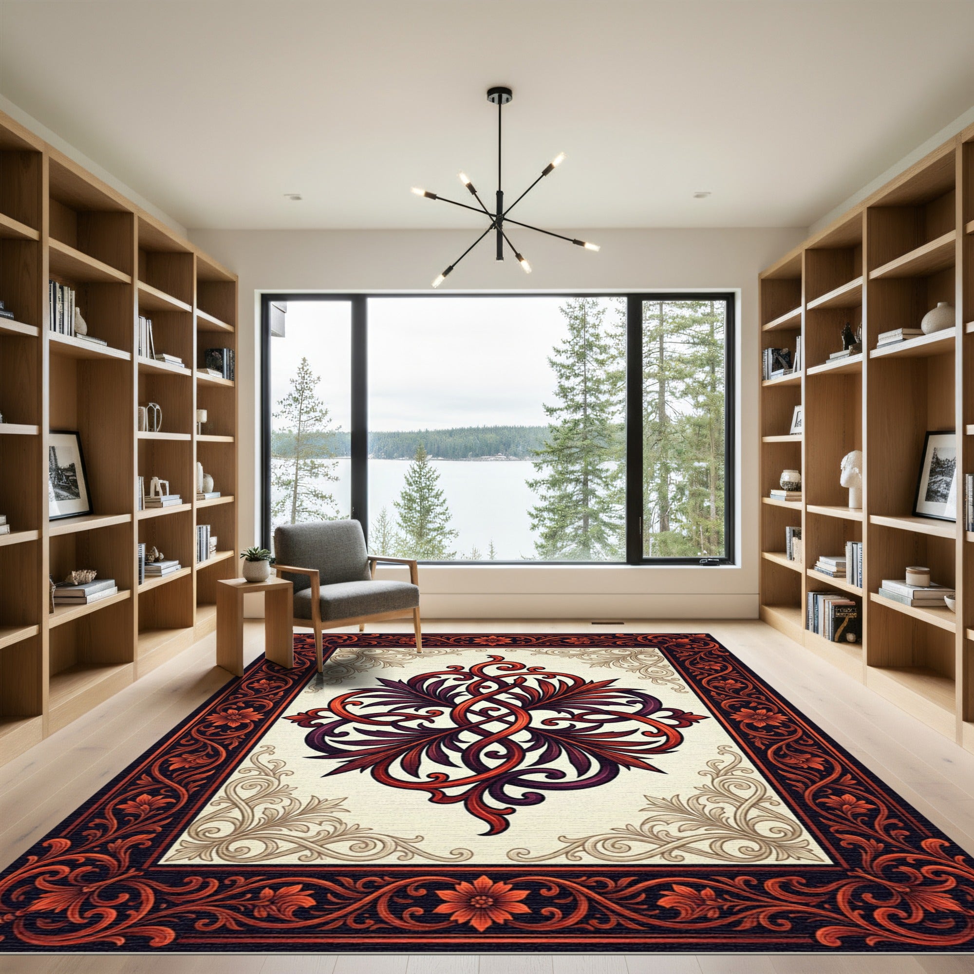 Ornate Crimson Acanthus Interlocking Scroll Rug