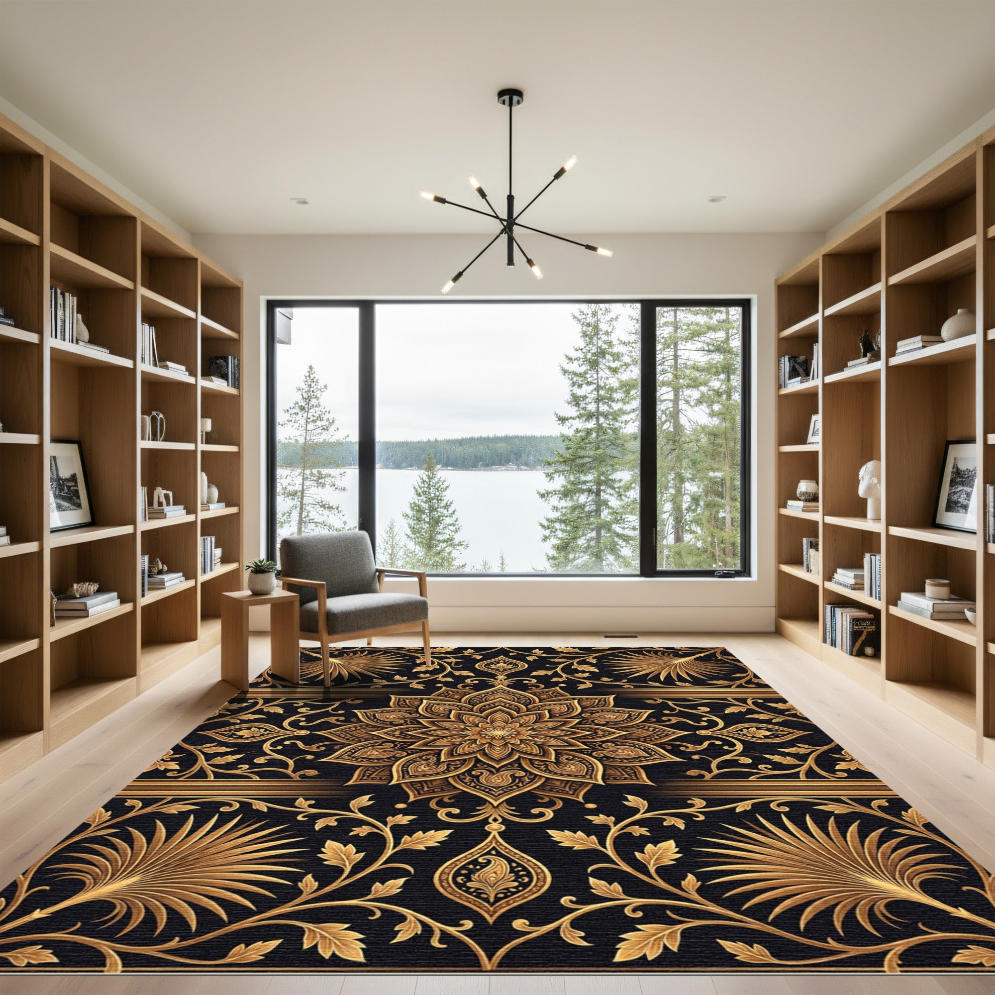 Elegant Gold Mandala Floral Foliage Rug