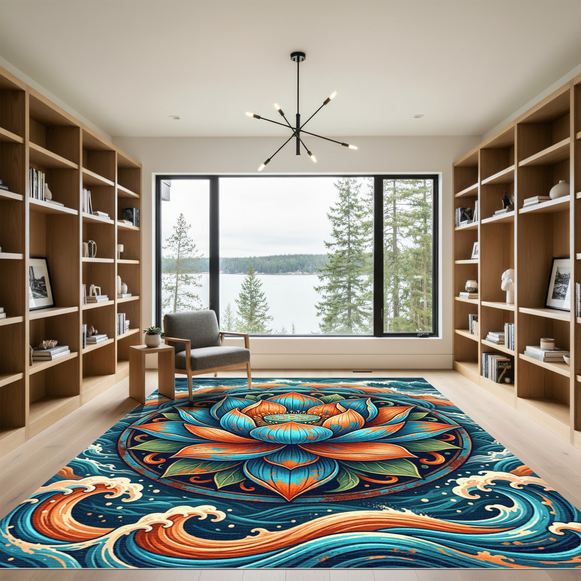 Vibrant Teal and Orange Lotus Mandala Rug