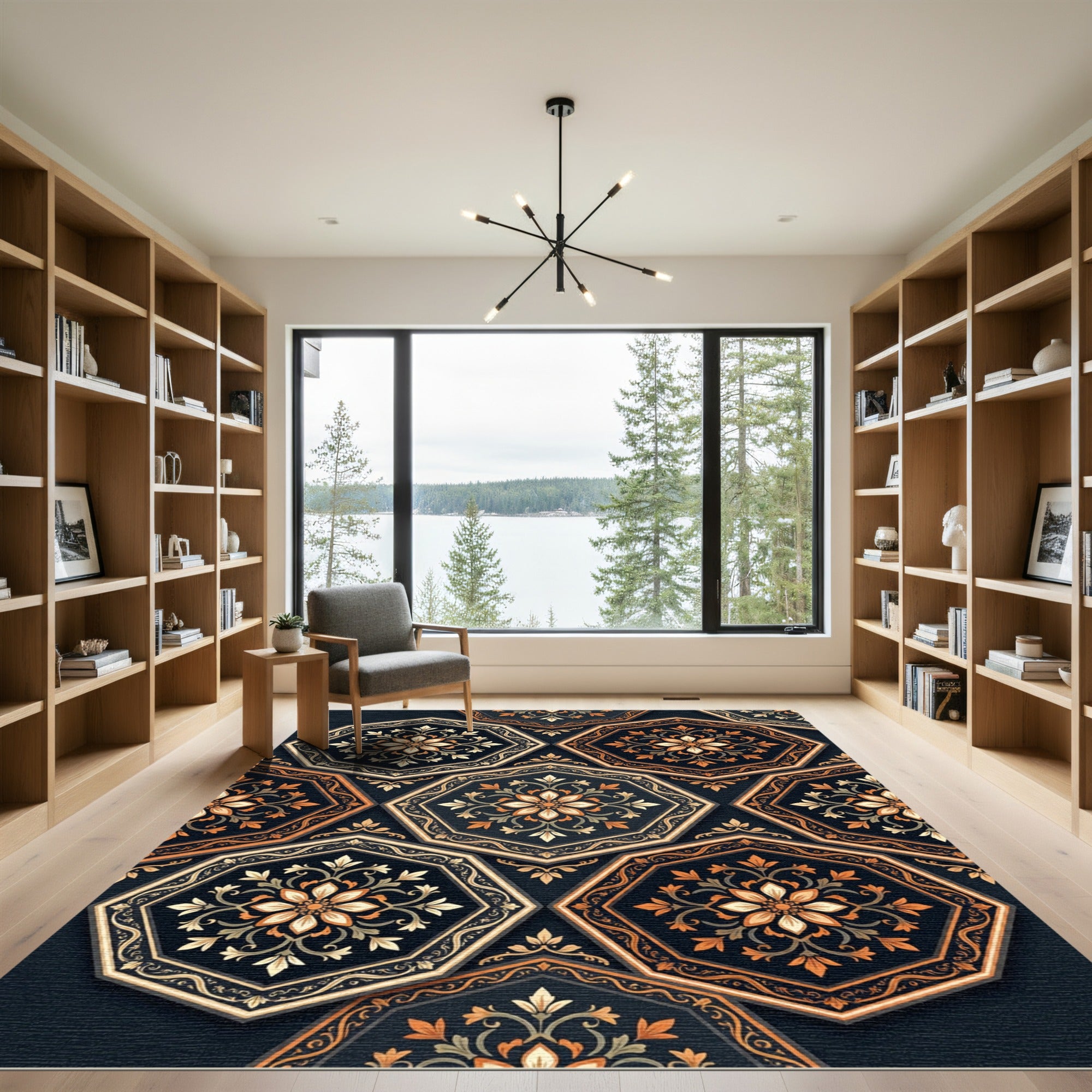 Ornate Octagonal Floral Black Gold Rug