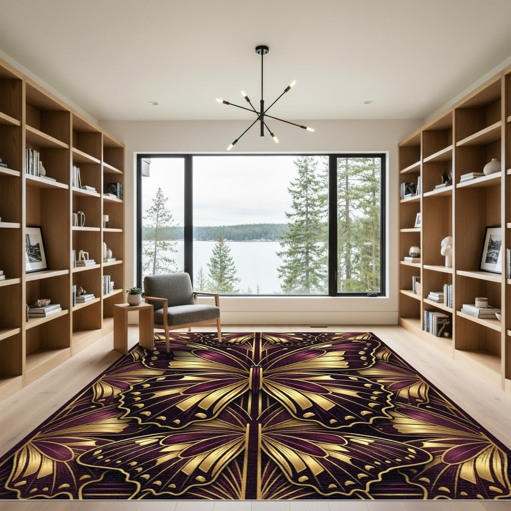 Art Deco Golden Butterfly Plum Rug