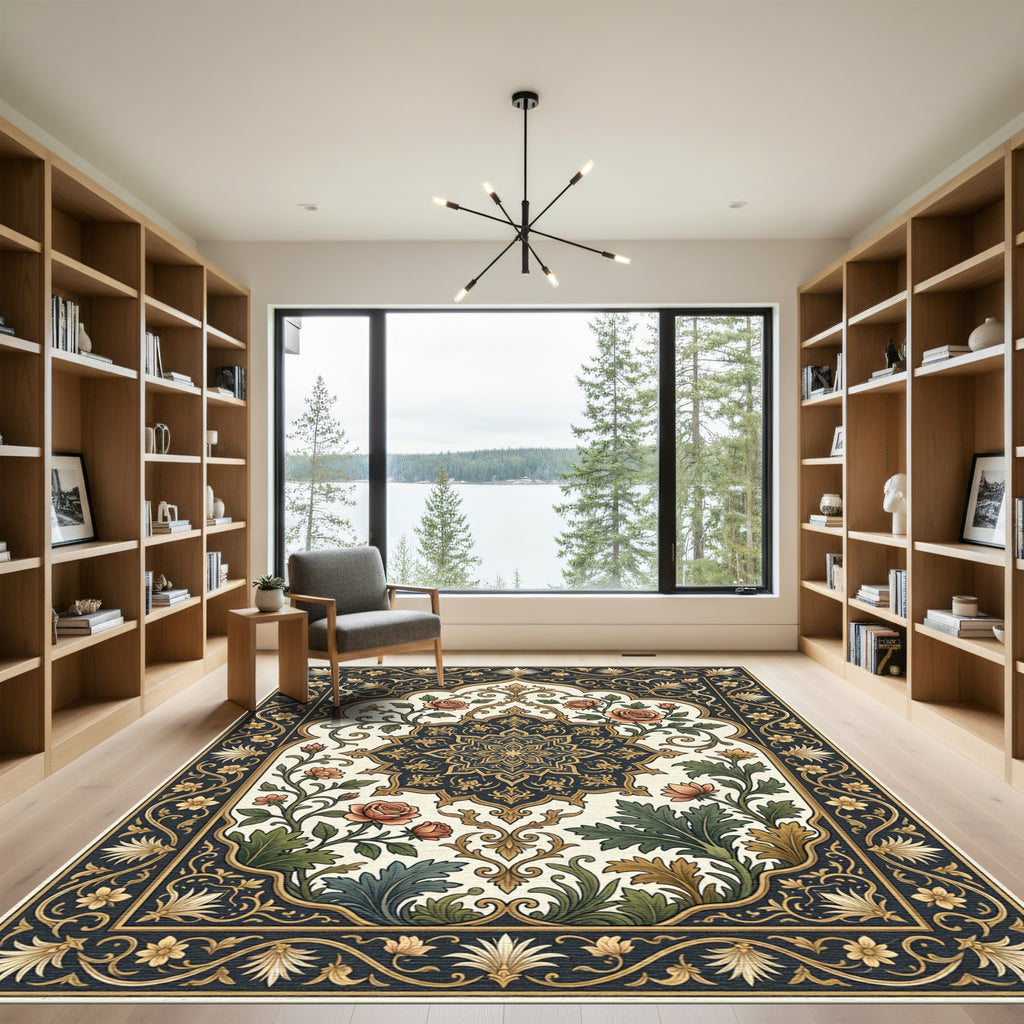 Elegant Navy Rose And Gold Medallion Rug