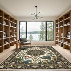 Elegant Navy Rose And Gold Medallion Rug