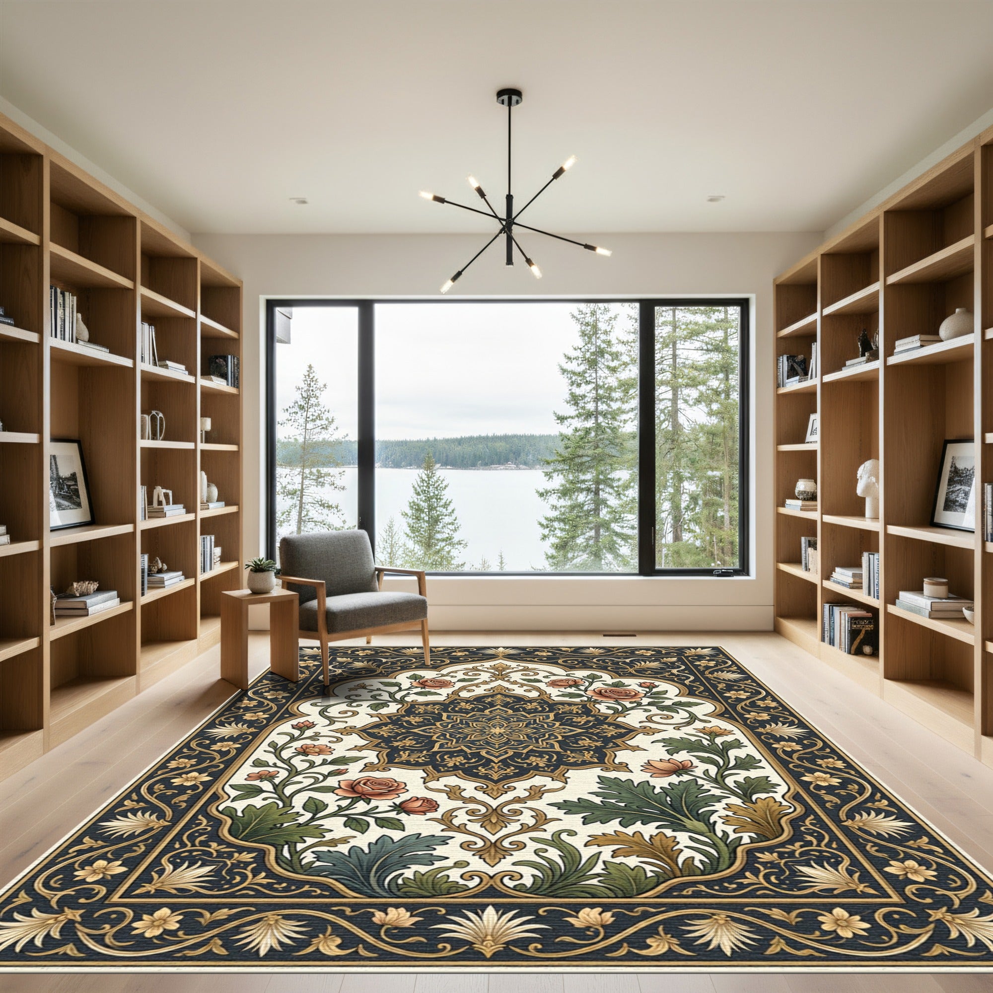 Elegant Navy Rose And Gold Medallion Rug