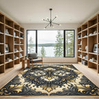 Ornate Charcoal Gold Floral Damask Rug