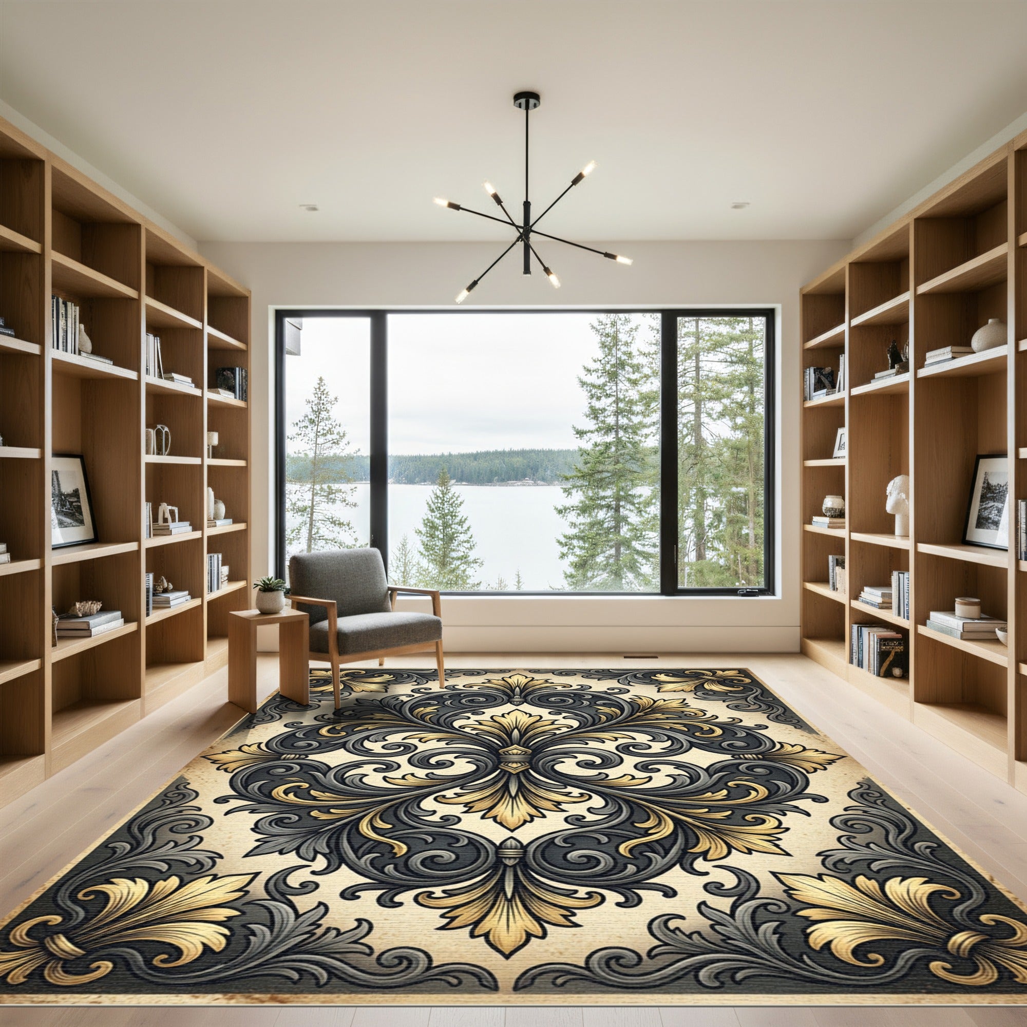 Ornate Charcoal Gold Floral Damask Rug