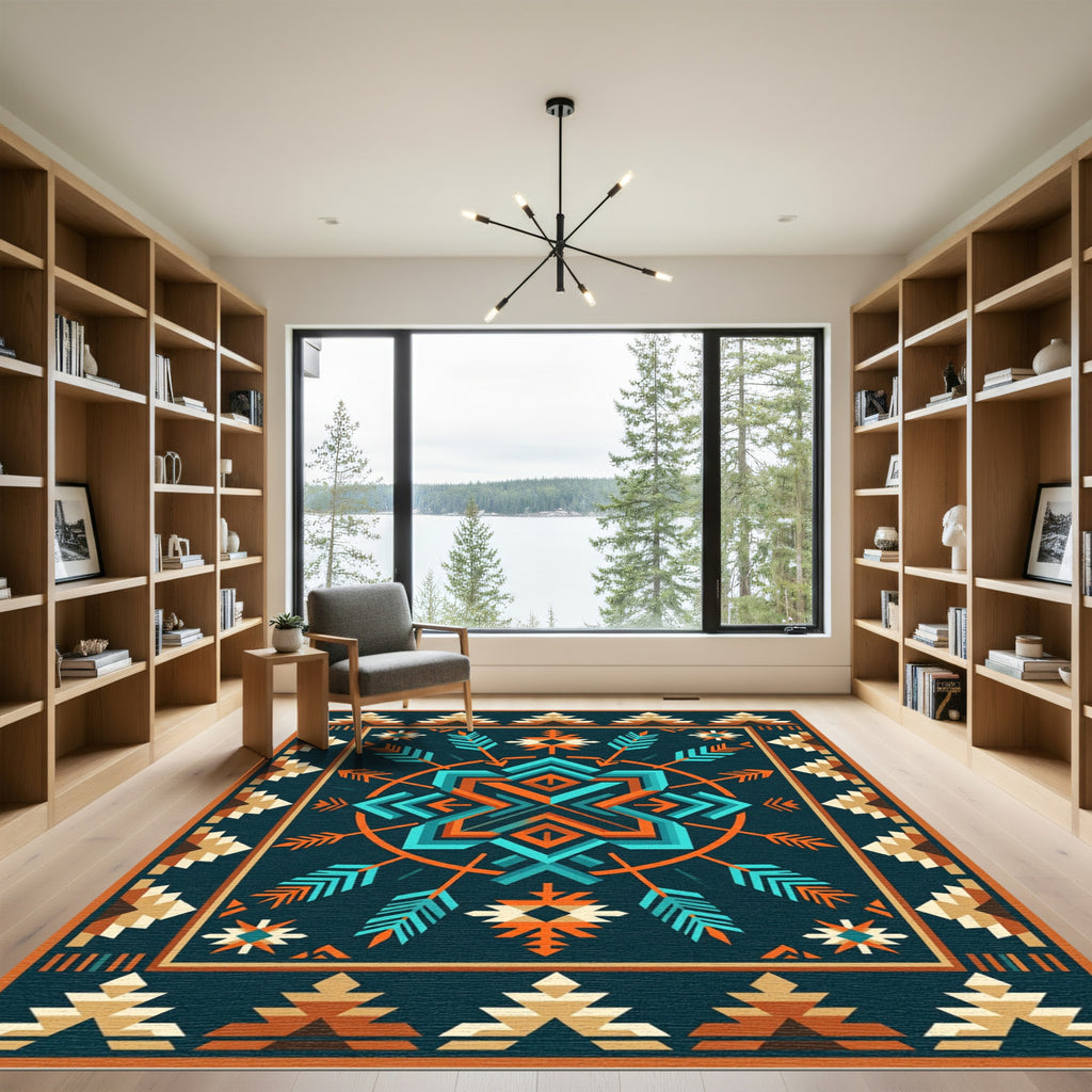 Turquoise Orange Geometric Feather Arrow Rug