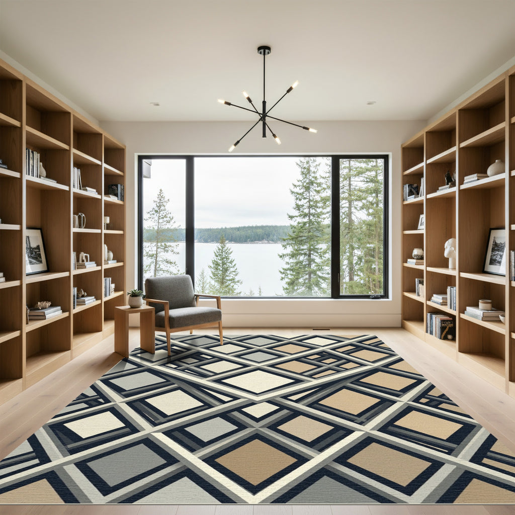 Modern Neutral Geometric Interlocking Grid Rug