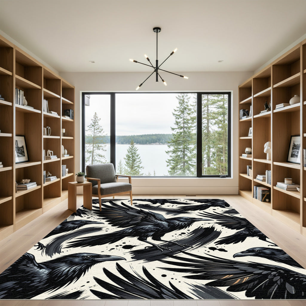 Dramatic Black Raven Ink Wash Illustration Rug