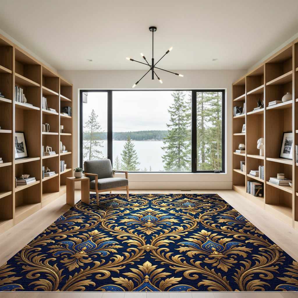 Royal Blue Gold Damask Ornate Scroll Rug