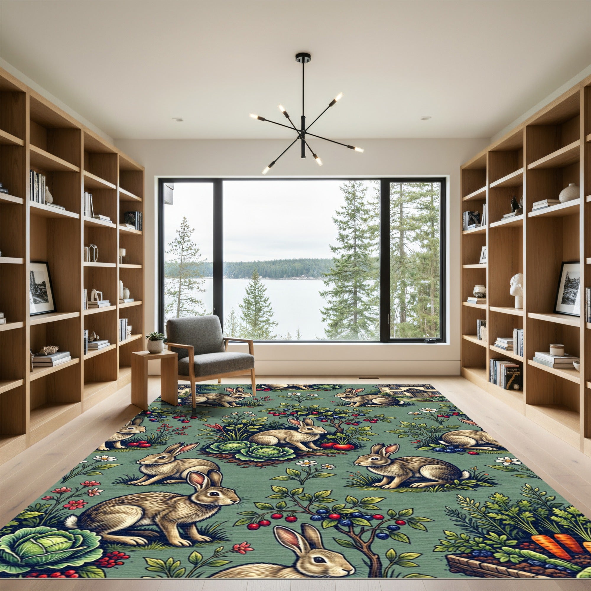 Whimsical Sage Rabbit Forest Garden Rug