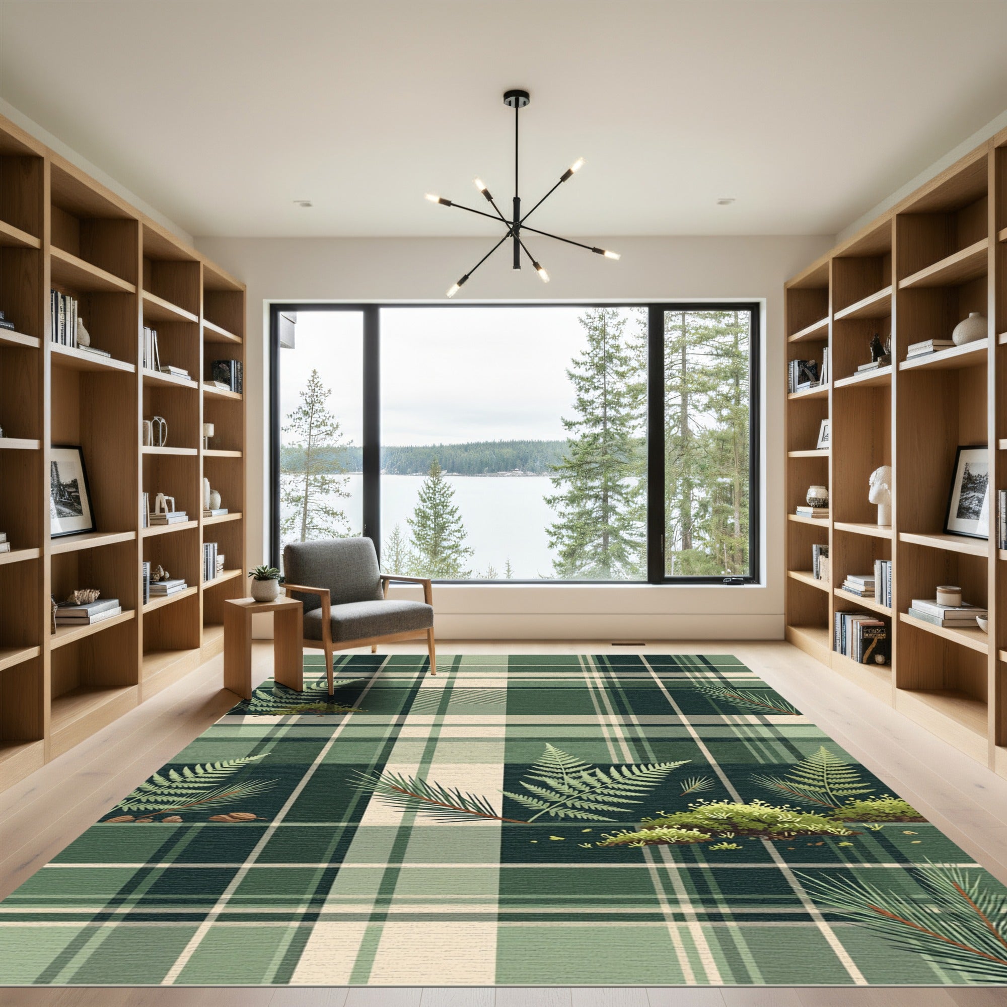 Forest Green Plaid Fern Branches Rug