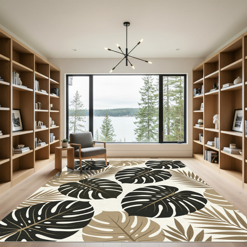 Tropical Monstera Palm Leaf Beige Black Rug