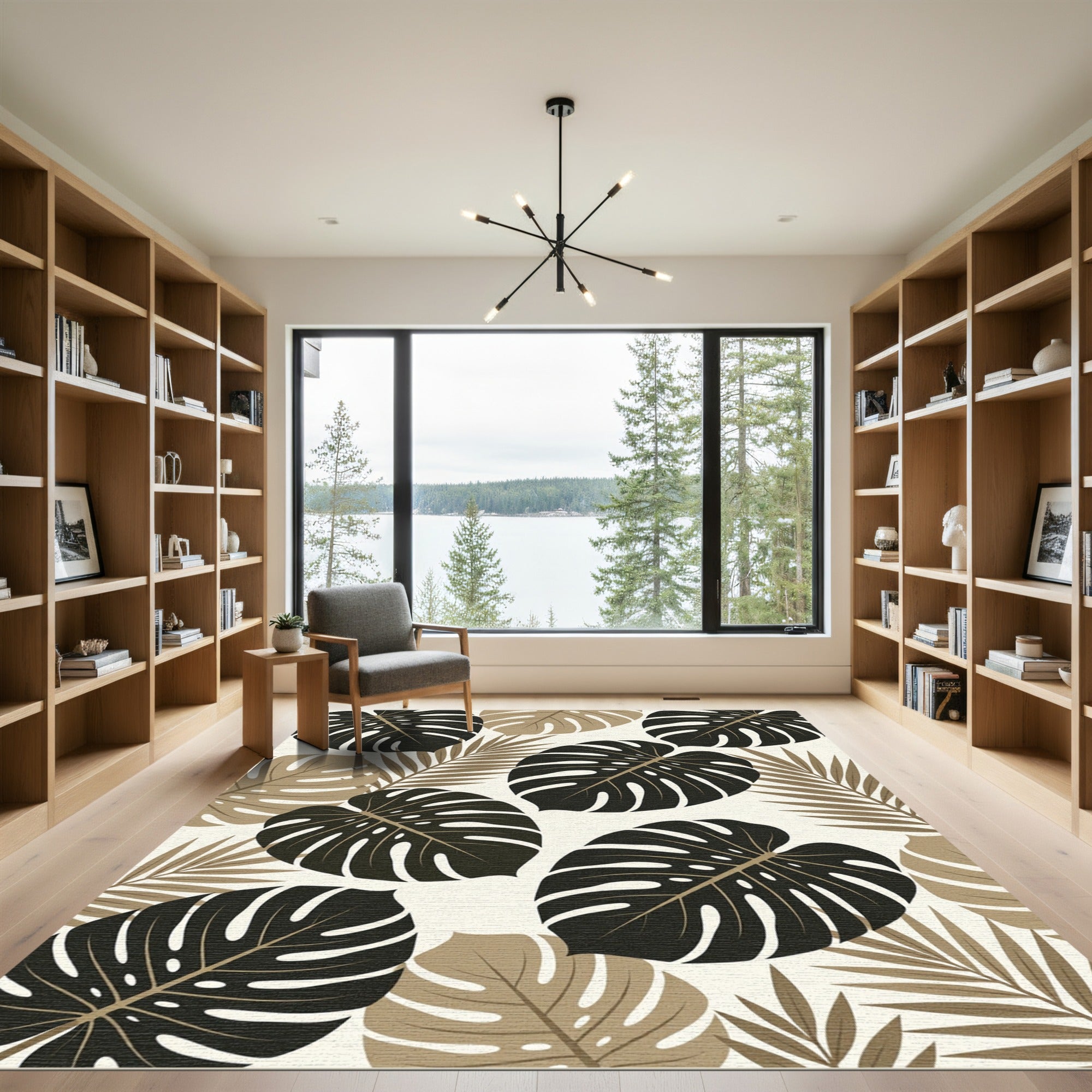 Tropical Monstera Palm Leaf Beige Black Rug