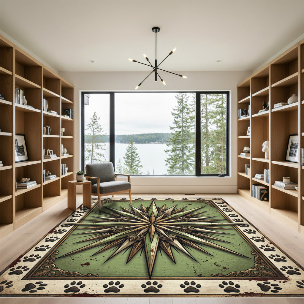 Vintage Sage Compass Star Paw Border Rug