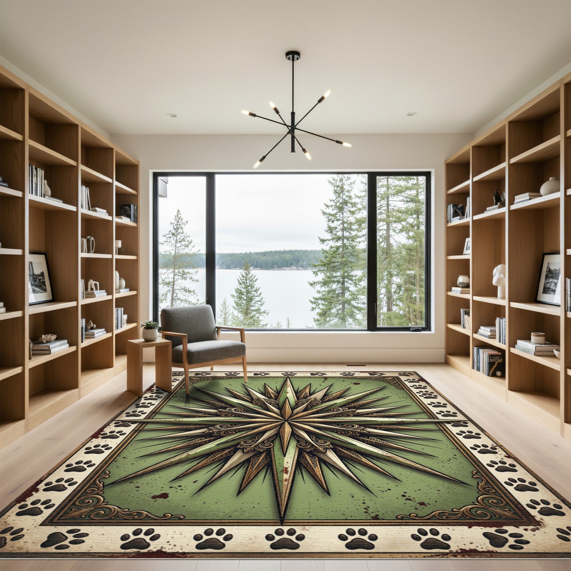Vintage Sage Compass Star Paw Border Rug