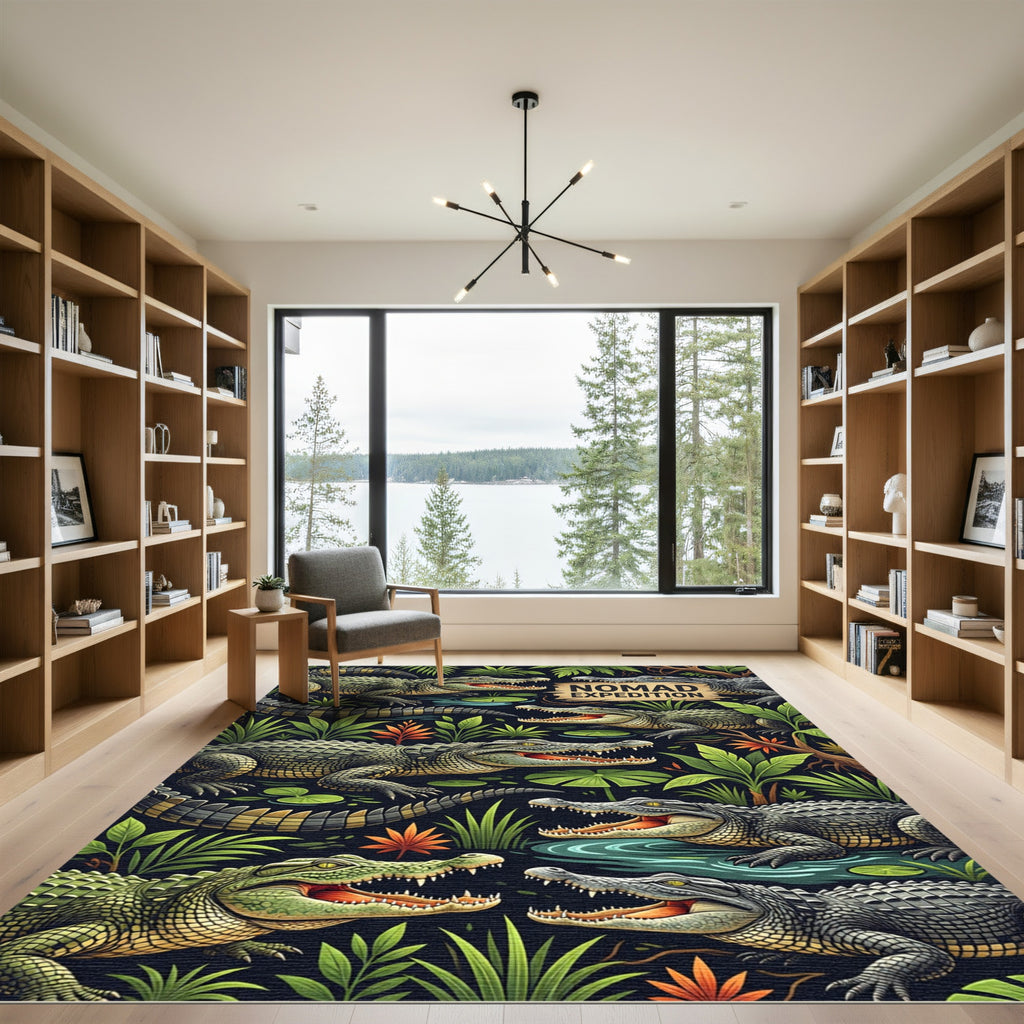 Vibrant Jungle Crocodile Reptile Scene Rug