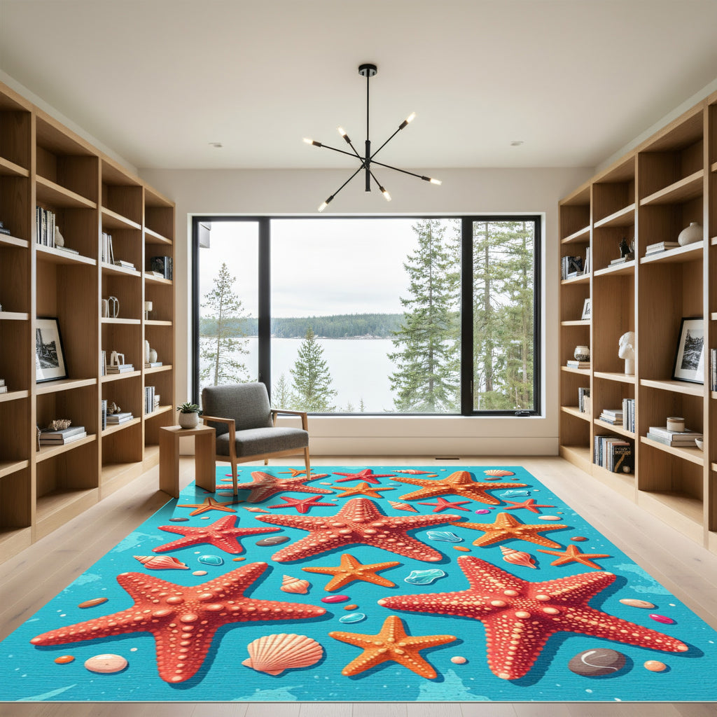 Vibrant Coastal Starfish Sea Shell Ocean Rug