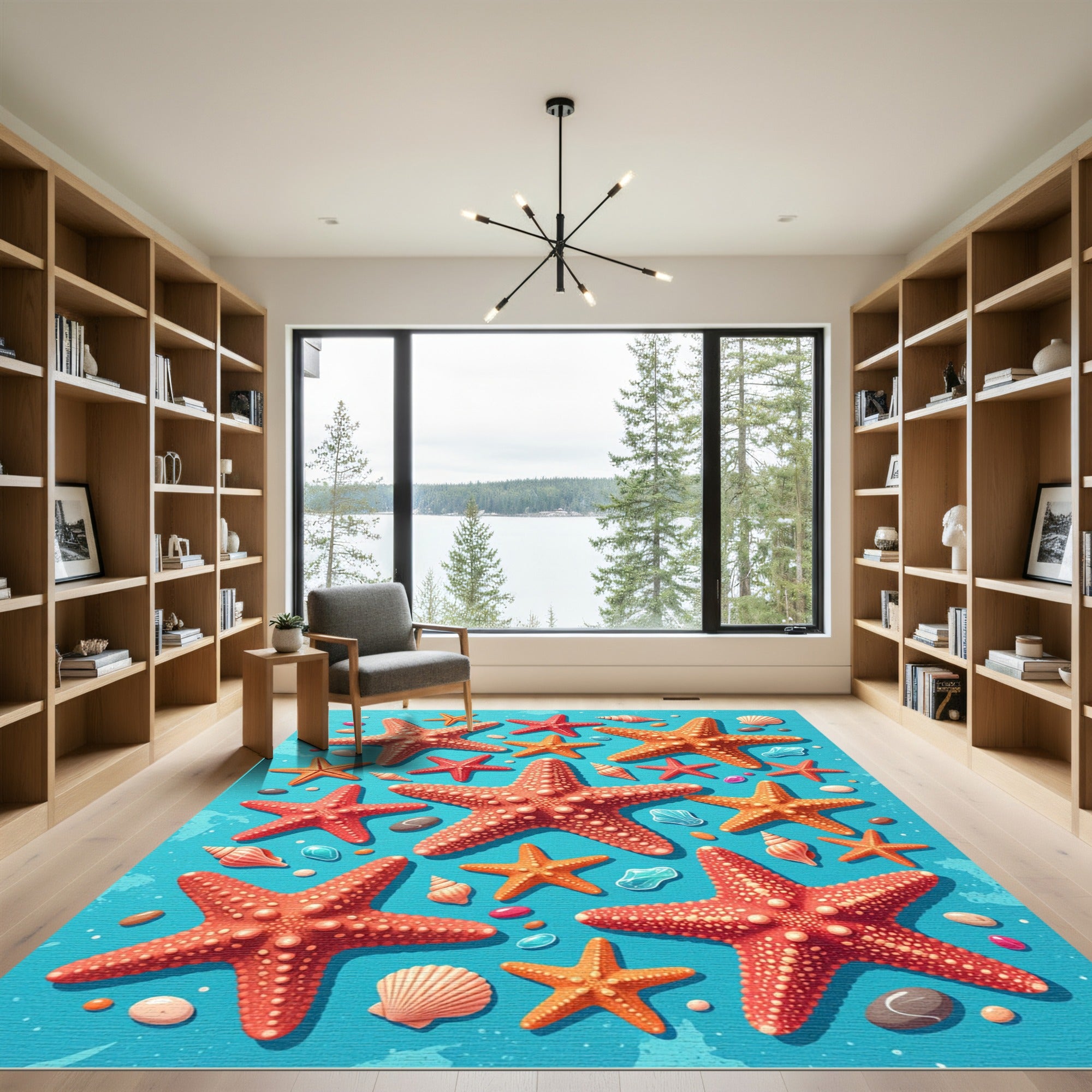 Vibrant Coastal Starfish Sea Shell Ocean Rug
