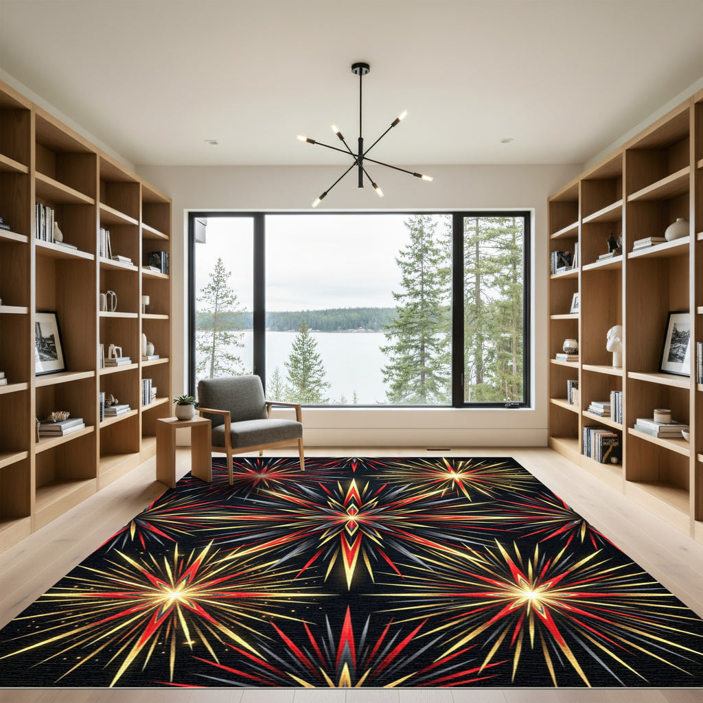 Radiant Red Black Gold Starburst Rug