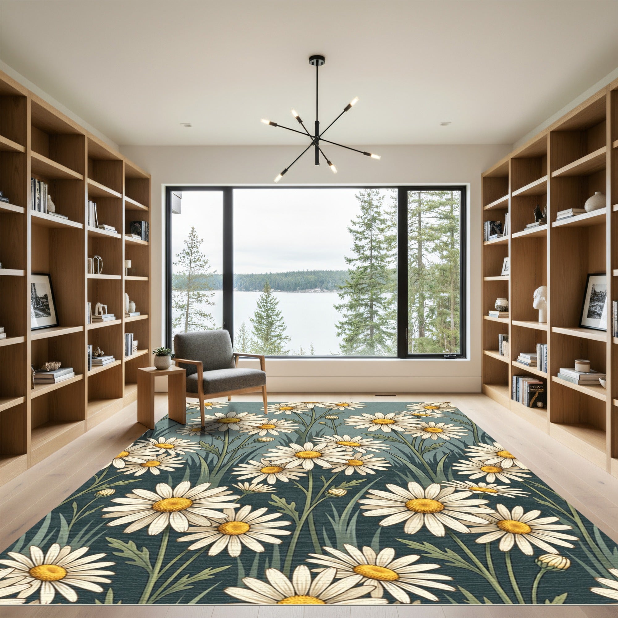 White Daisy Field Sage Green Rug