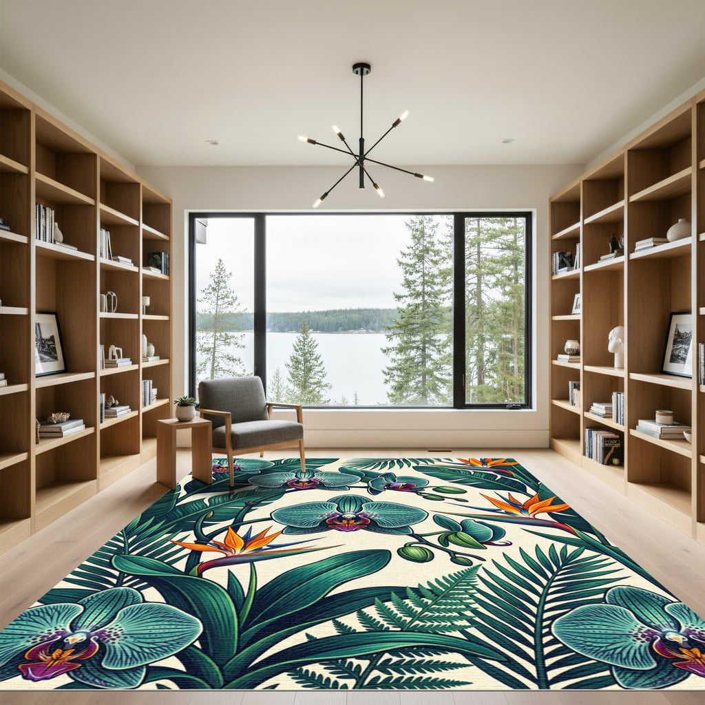 Tropical Orchid Bird Paradise Leaves Rug