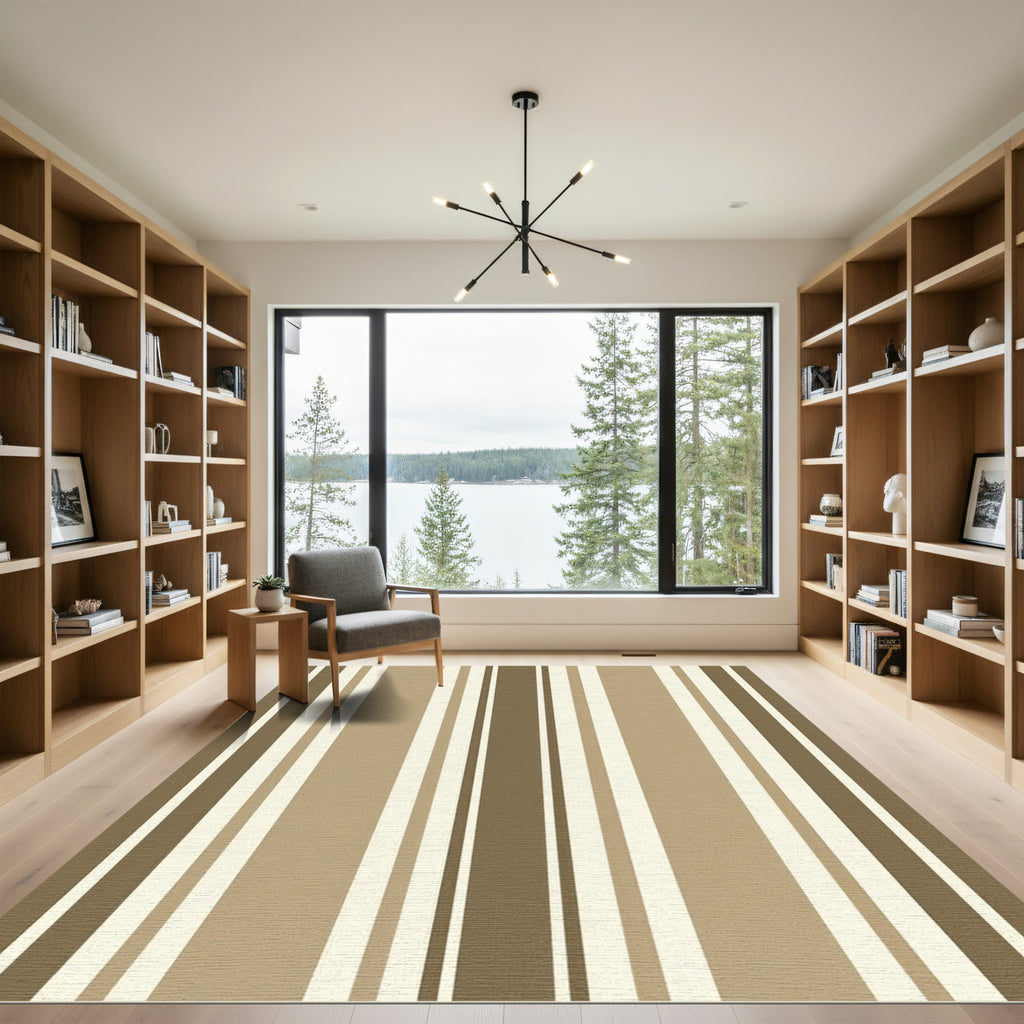 Modern Taupe and Cream Vertical Stripe Rug