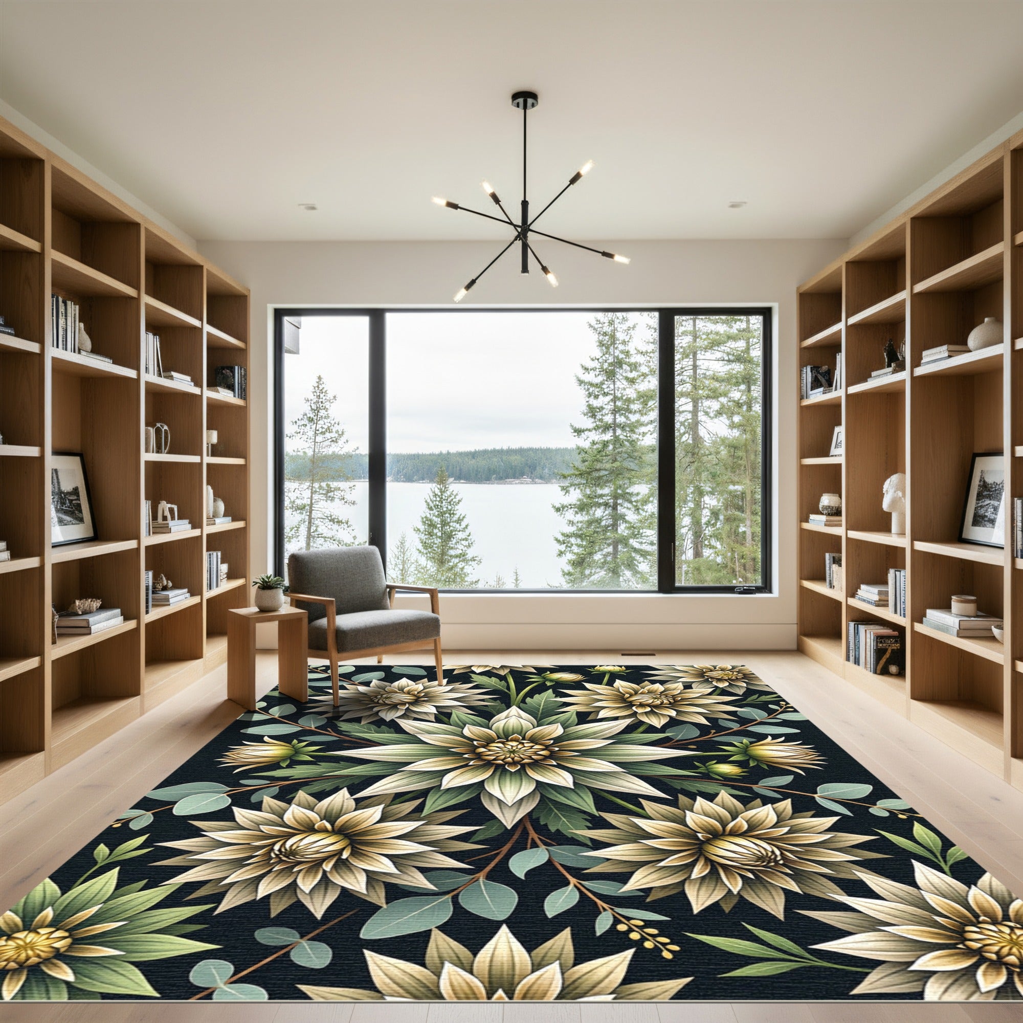 Golden Floral Bouquet Dark Botanical Rug