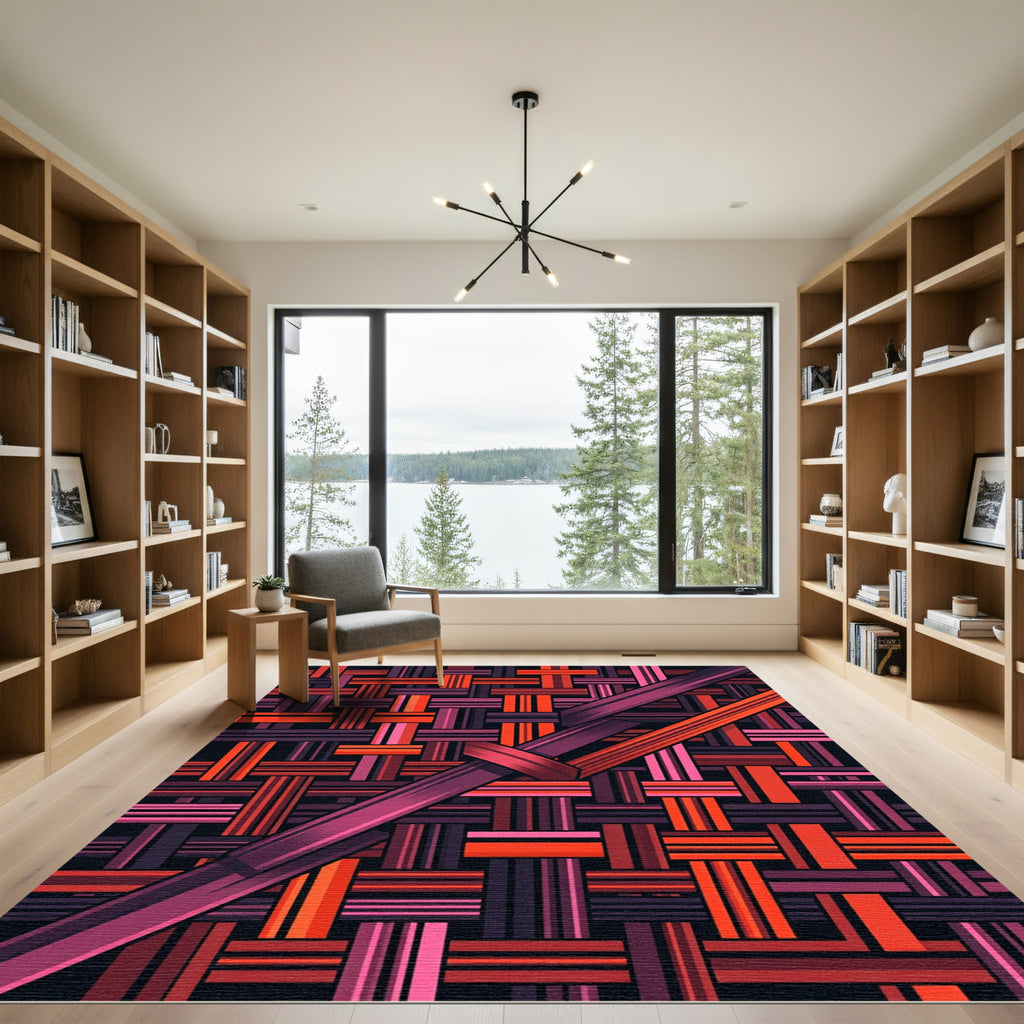 Vibrant Crimson Interlaced Geometric Linear Art Rug