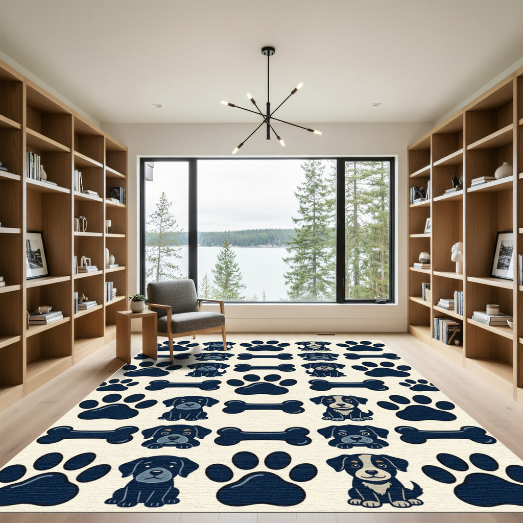 Cute Navy Canine Paw and Bone Rug