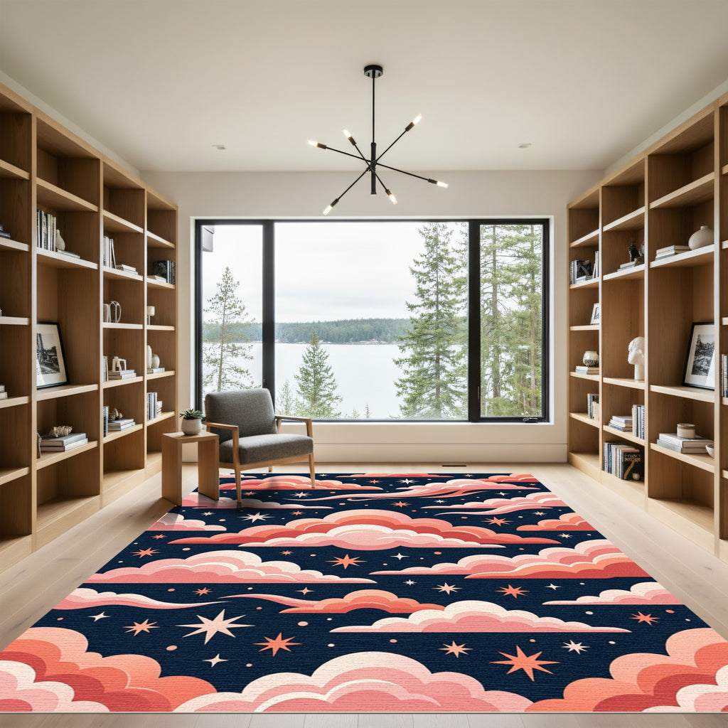 Celestial Coral Clouds and Starry Night Rug