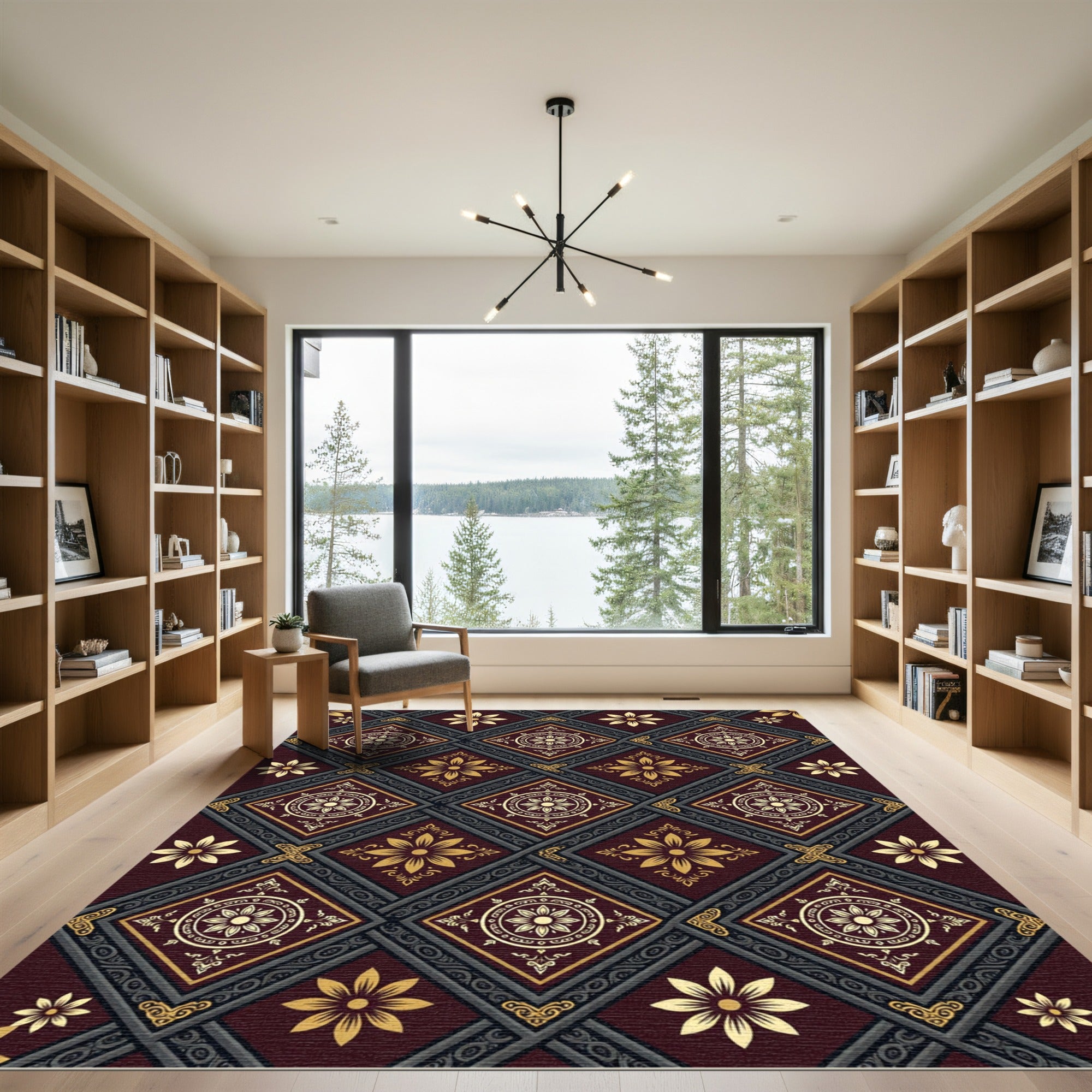 Burgundy Golden Floral Diamond Trellis Rug