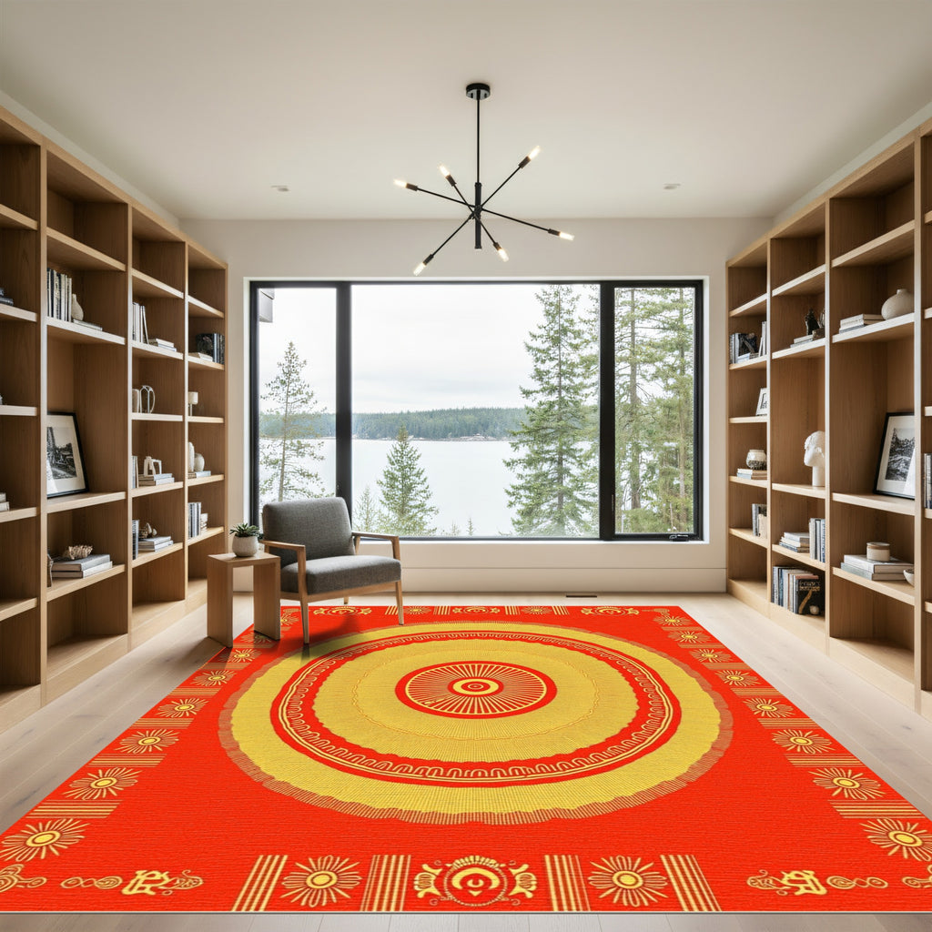 Golden Sunburst Mandala Red Rug