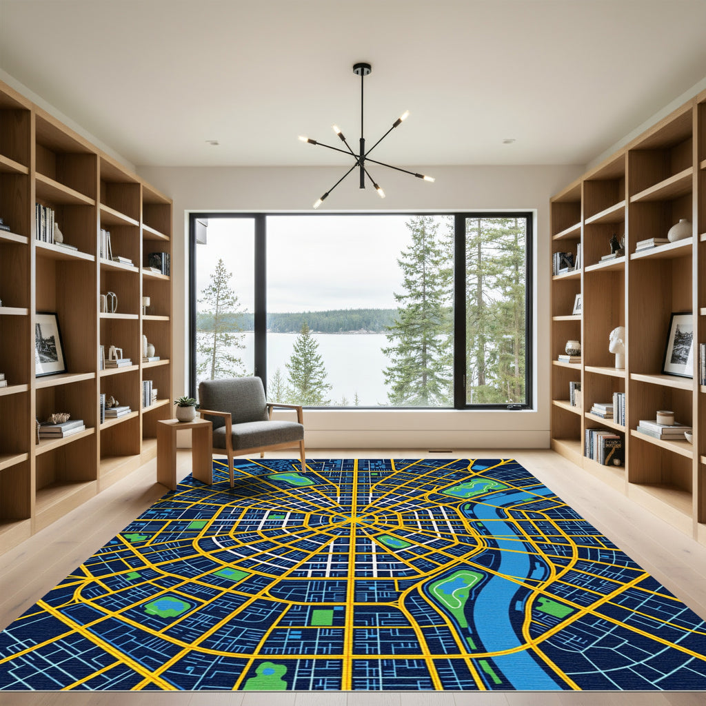 Modern Midnight Blue Urban Grid Map Rug