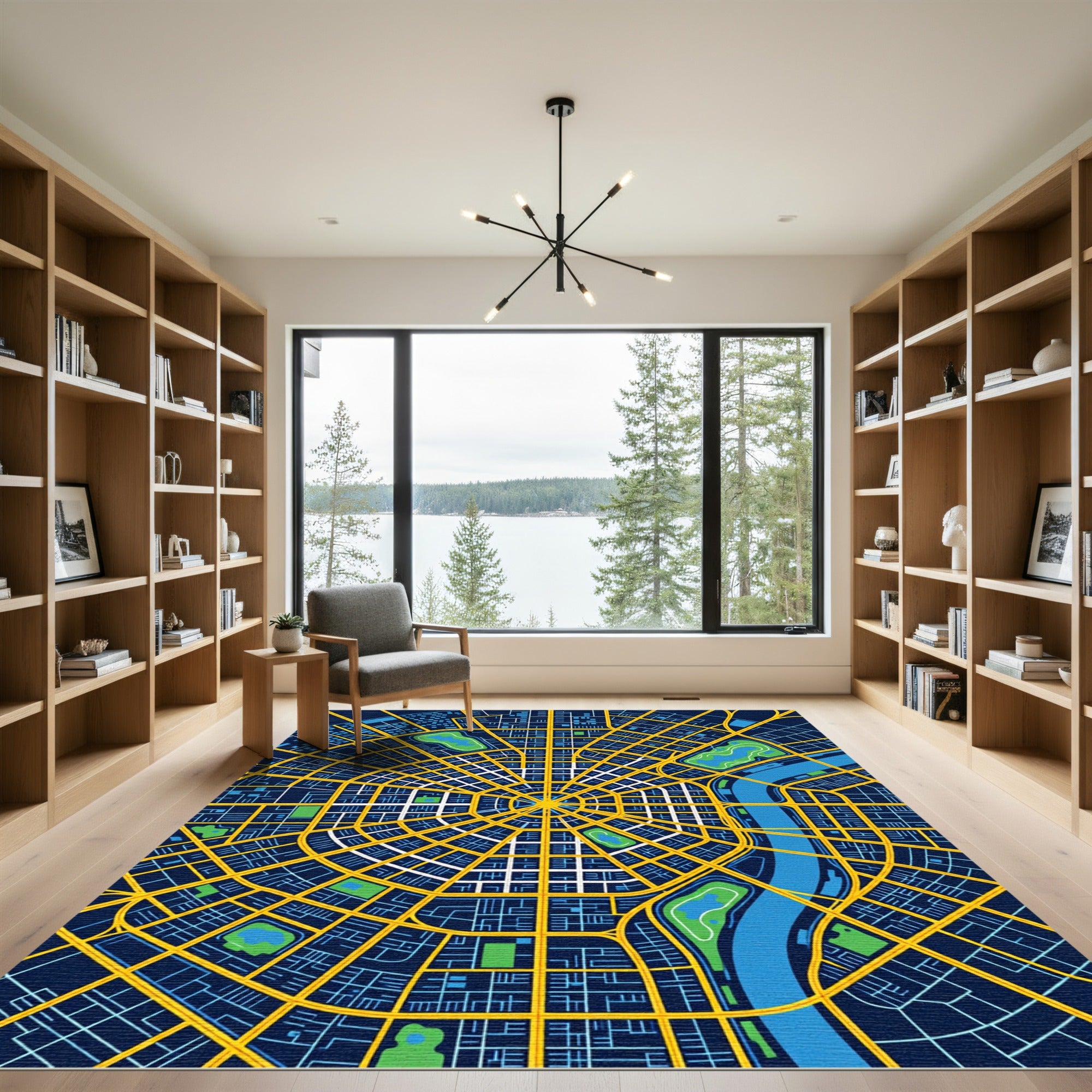 Modern Midnight Blue Urban Grid Map Rug