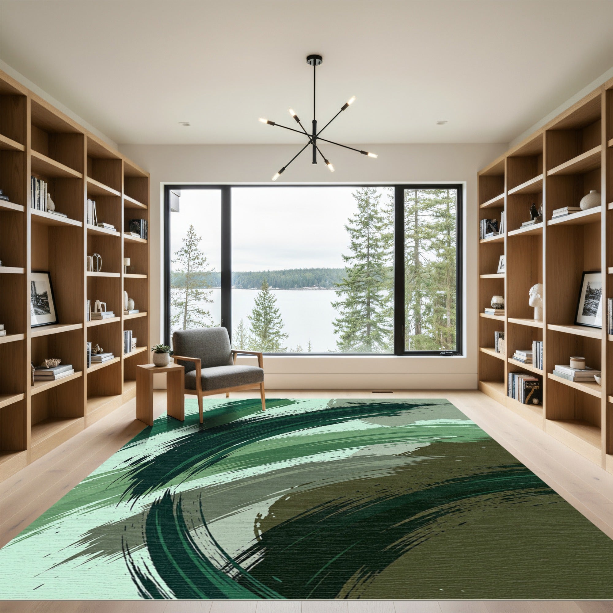 Abstract Green Brushstroke Swirl Rug