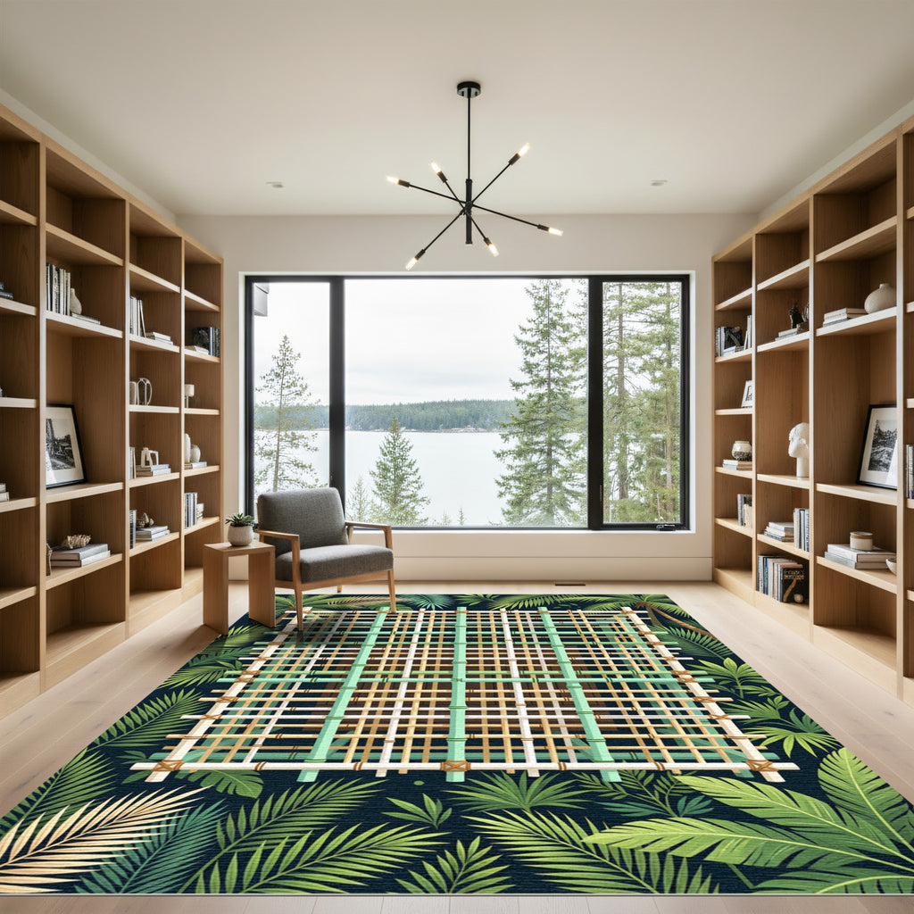 Tropical Bamboo Grid with Lush Leaves Rug