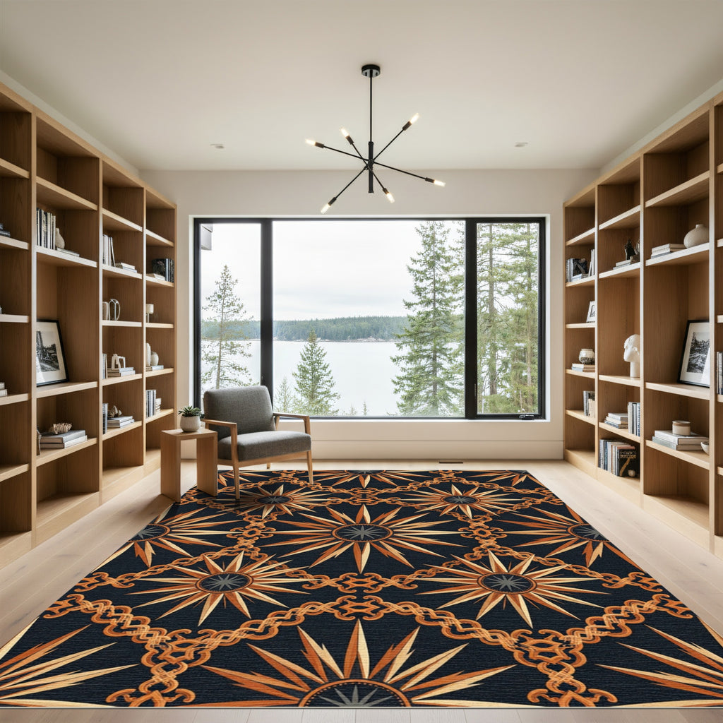Gilded Celestial Sunburst Interlocking Chain Rug
