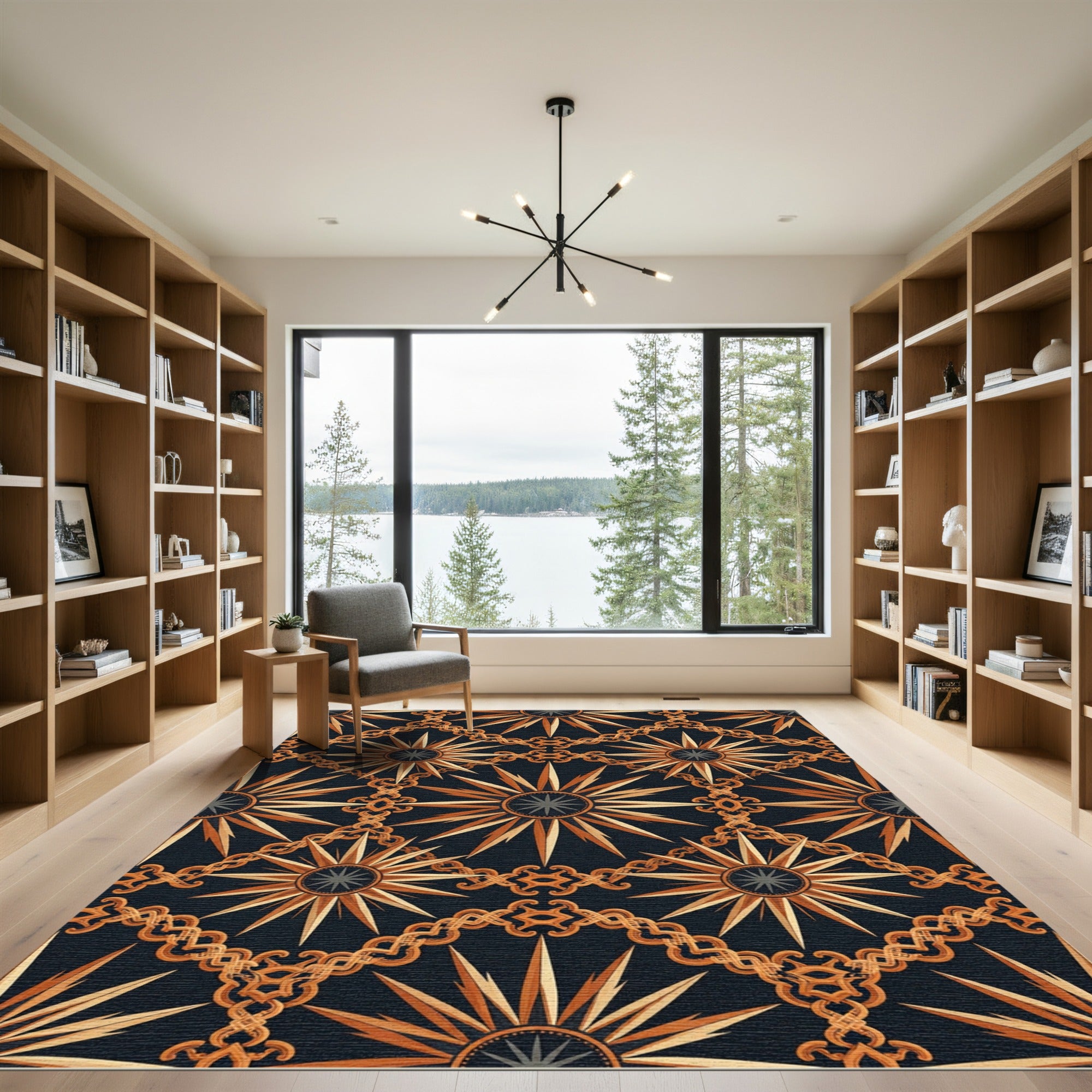 Gilded Celestial Sunburst Interlocking Chain Rug