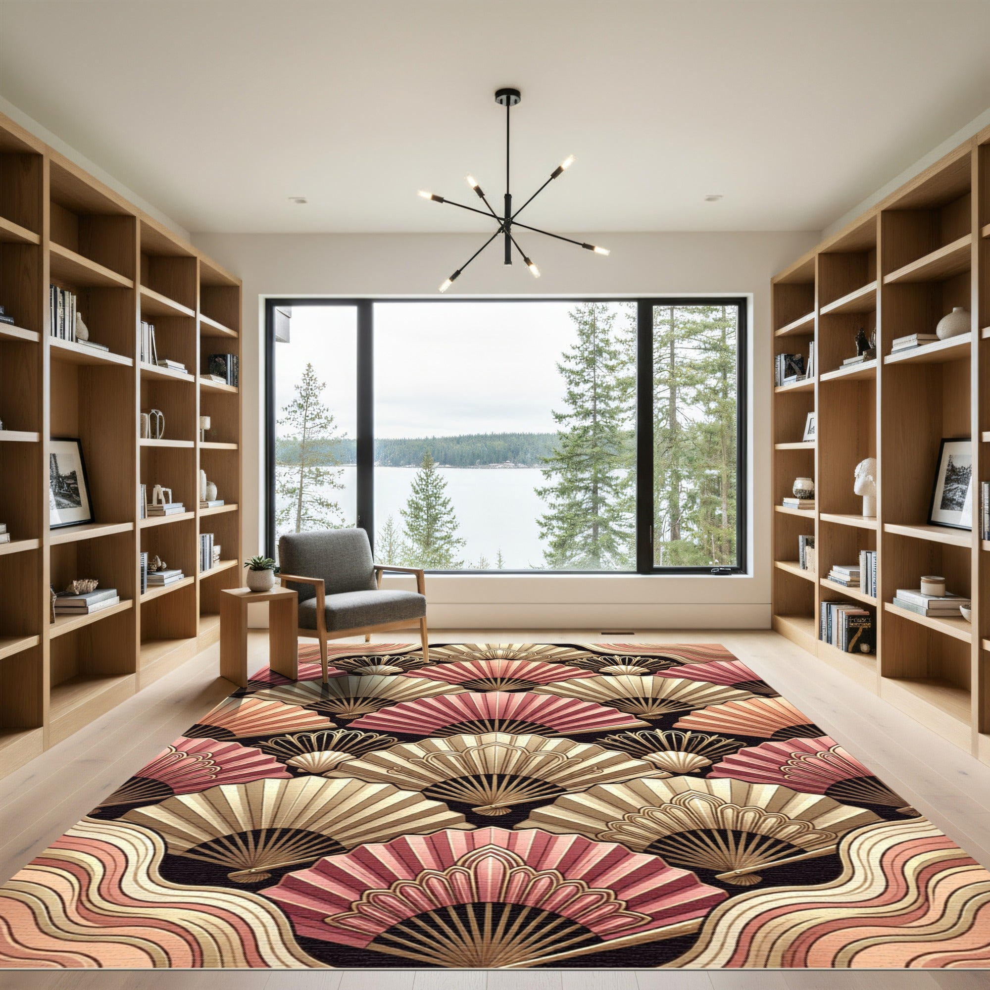 Elegant Pink Gold Fan Arrangement Rug