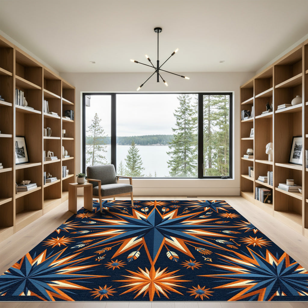 Celestial Geometric Star and Feather Cobalt Orange Accent Rug